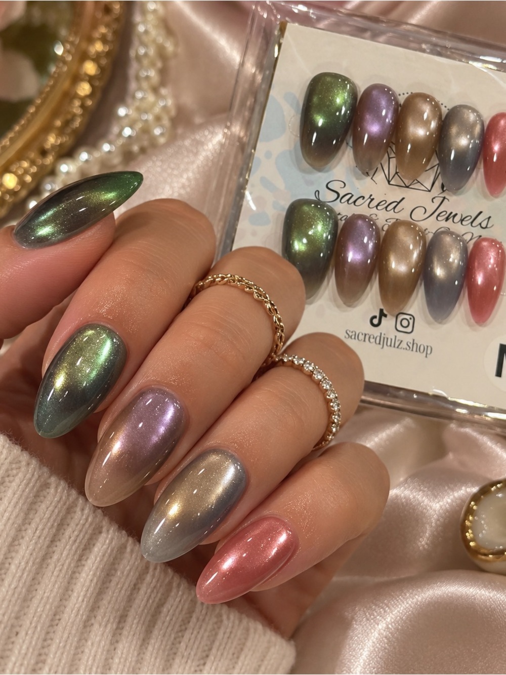Handmade Multichrome Cat Eye Press On Nails Medium Chrome Jewel Tone Set